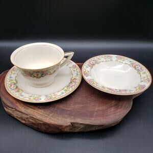 Vintage Edwin Knowles Hostess Cup, Berry Bowl & Bread Plate Trio – Floral Scroll